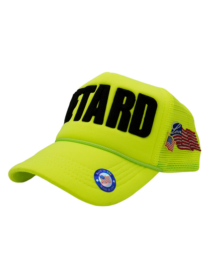 Neon yellow Fujimoto hat sometimes called the Retard Hat side view
